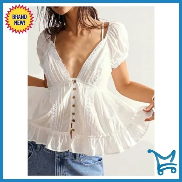 Boho Puff Sleeve Blouse Lace Trim Deep V Neck Button Down Shirt - Picture 4 of 6